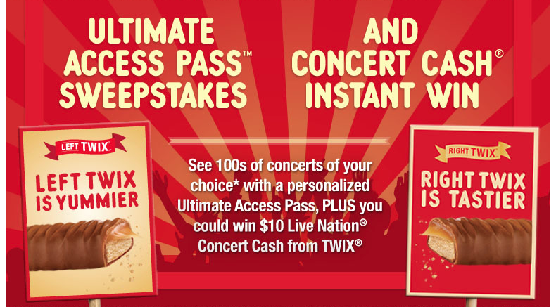 Twix Ultimate Access Pass Sweepstakes + Concert Cash Instant Win Game