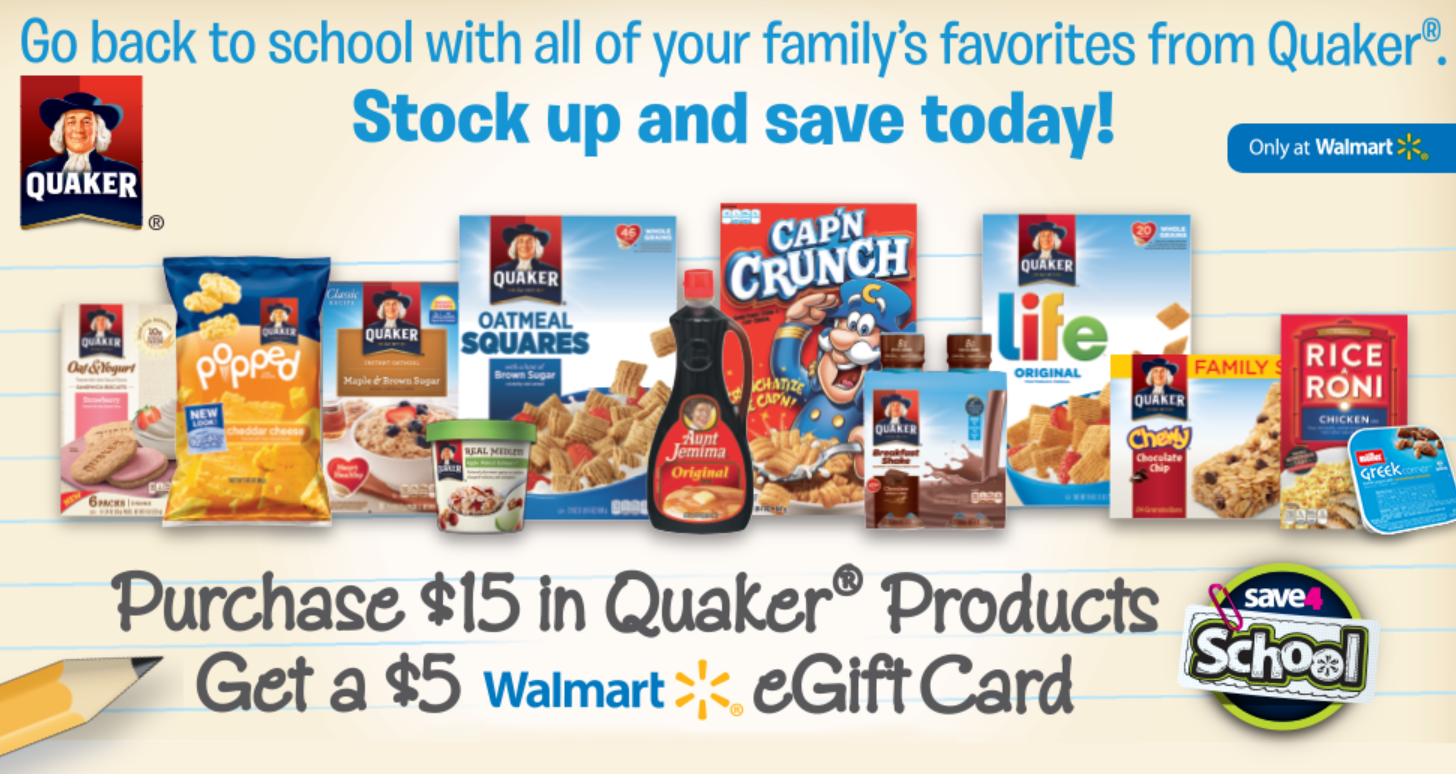 Free $5 Walmart eGift Card W/ $15 Quaker Purchase – Ends 9/30