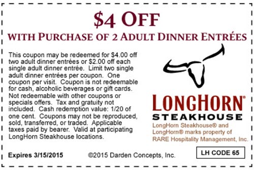 Longhorn: $4 Off 2 Adult Entrees