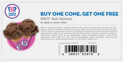 Baskin Robbins: BOGO Oreo Malt Madness Cone